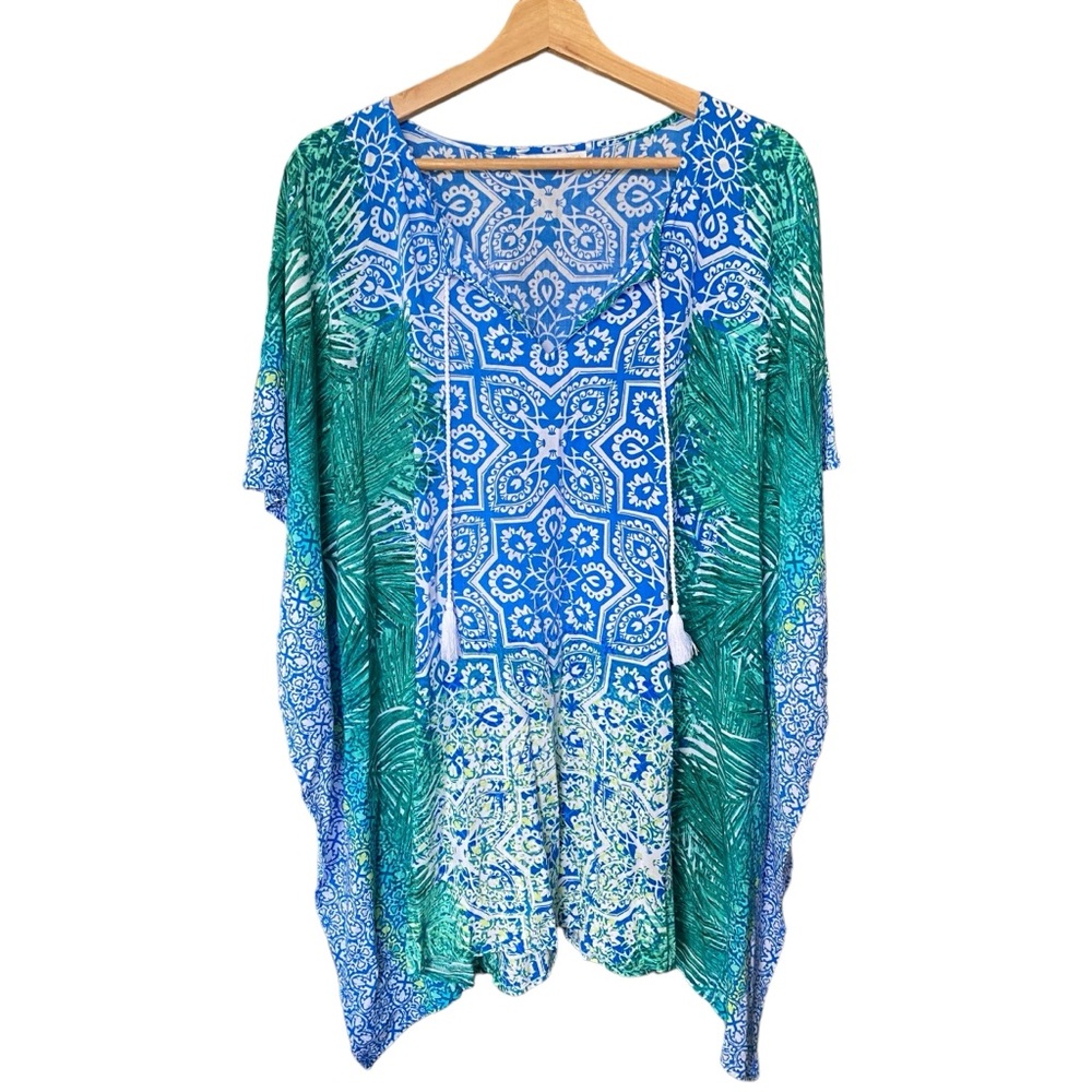La Blanca Paisley Oversized Blue Green Swim Beach Tunic Cover Up Caftan M ?